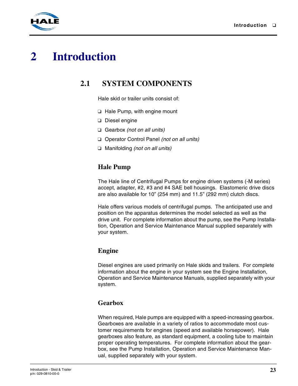 2 introduction, 1 system components, Hale pump | Engine, Gearbox, 2introduction | Hale Trailer User Manual | Page 23 / 74