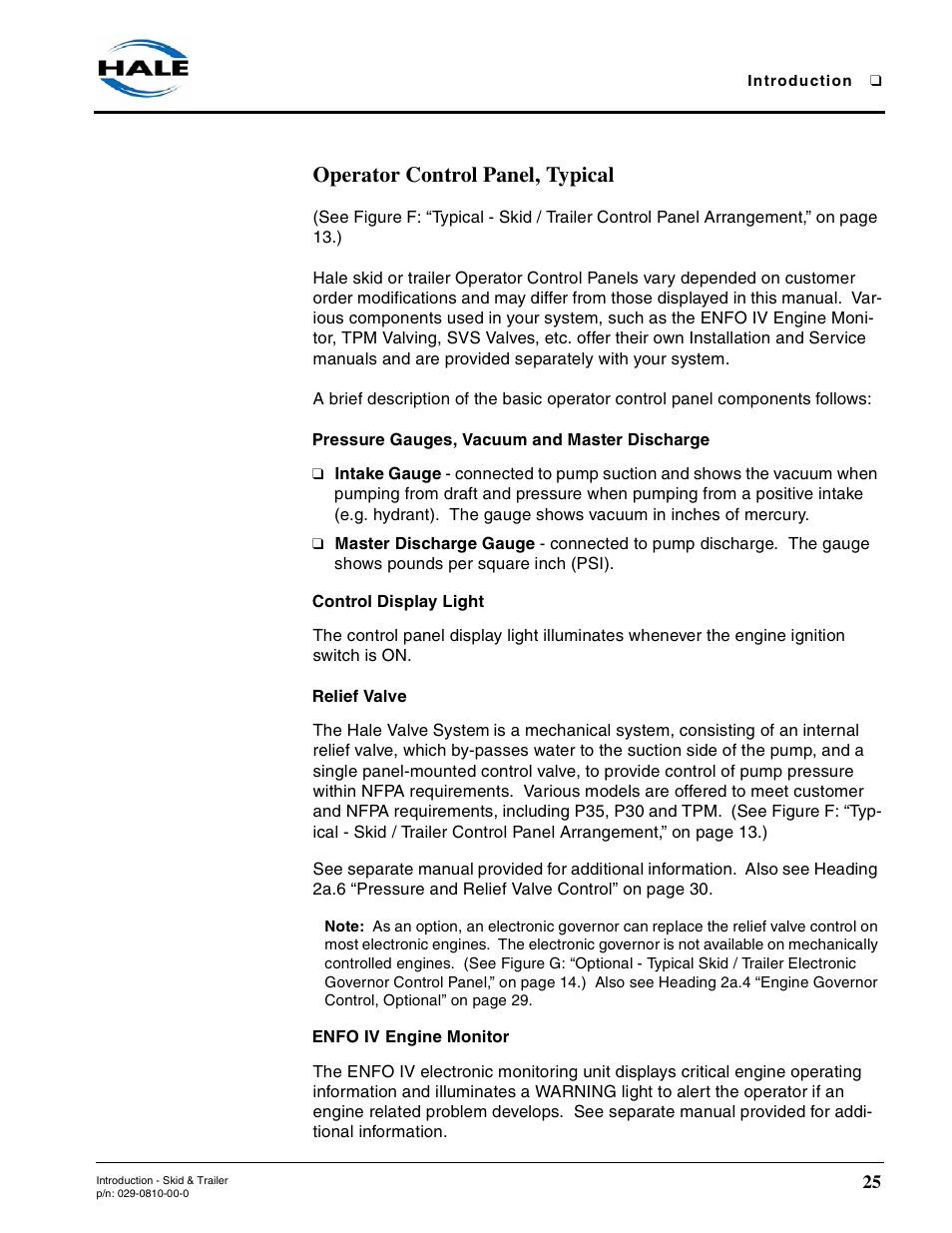 Operator control panel, typical, Pressure gauges, vacuum and master discharge, Control display light | Relief valve, Enfo iv engine monitor | Hale Trailer User Manual | Page 25 / 74