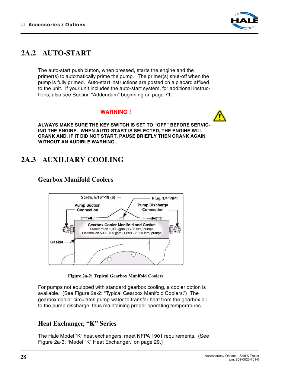 2a.2 auto-start, 2a.3 auxiliary cooling, Gearbox manifold coolers | Figure 2a-2: typical gearbox manifold coolers, Heat exchanger, “k” series | Hale Trailer User Manual | Page 28 / 74