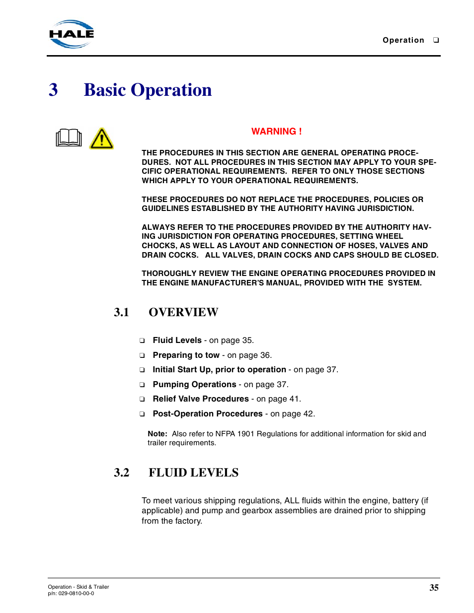 3 basic operation, 1 overview, 2 fluid levels | 3basic operation | Hale Trailer User Manual | Page 35 / 74