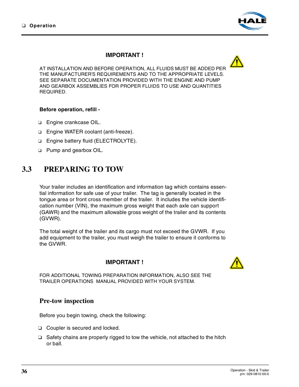 3 preparing to tow, Pre-tow inspection | Hale Trailer User Manual | Page 36 / 74