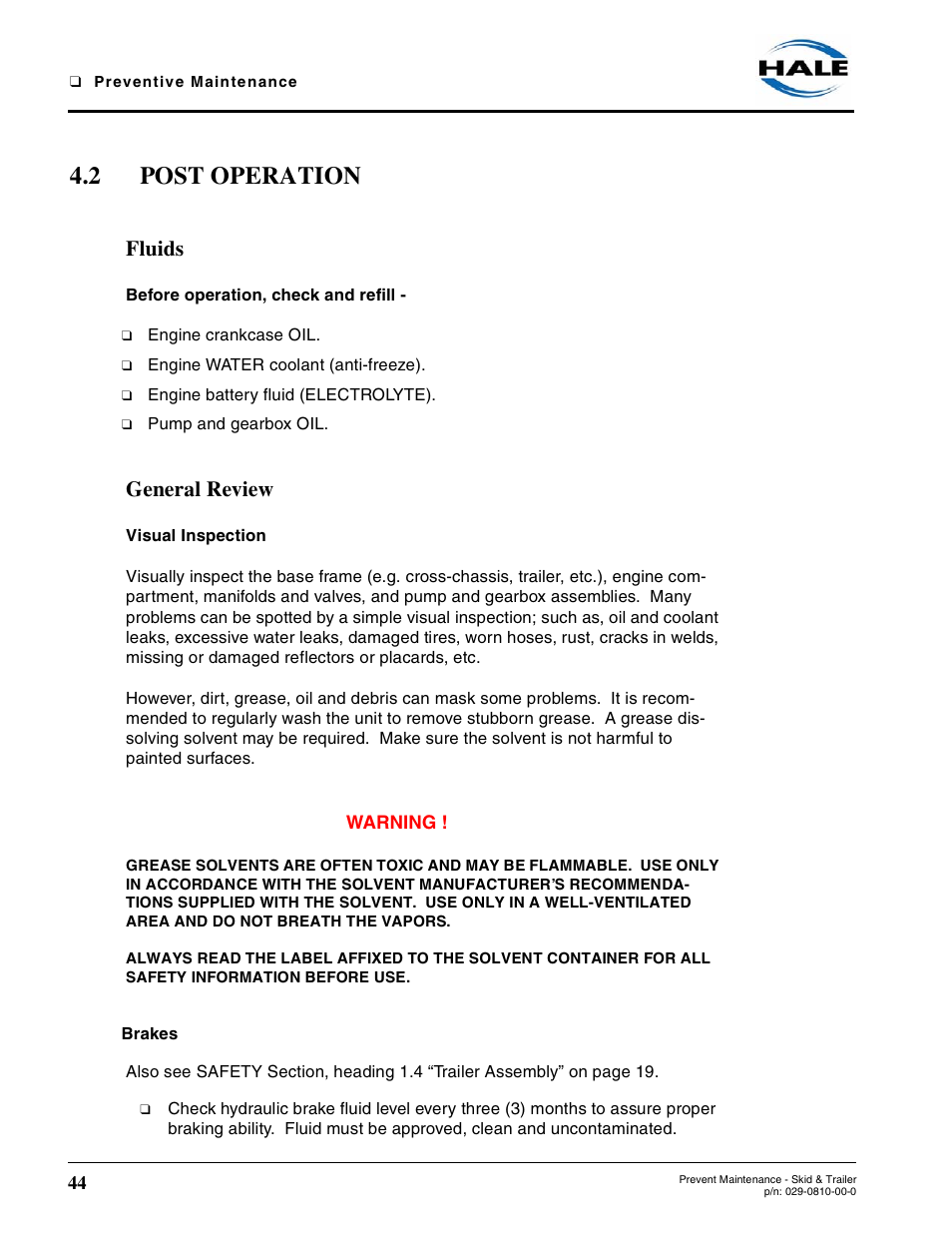 2 post operation, Fluids, General review | Brakes | Hale Trailer User Manual | Page 44 / 74