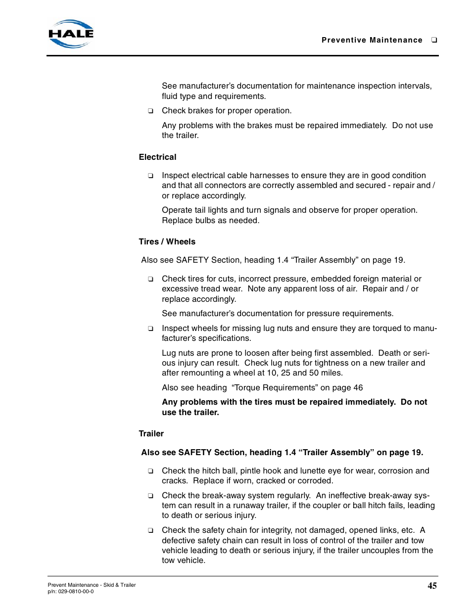 Electrical, Tires / wheels, Trailer | Hale Trailer User Manual | Page 45 / 74