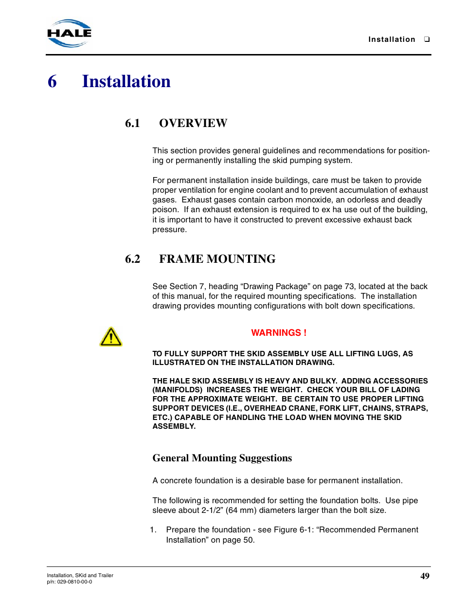 6 installation, 1 overview, 2 frame mounting | General mounting suggestions, 6installation | Hale Trailer User Manual | Page 49 / 74