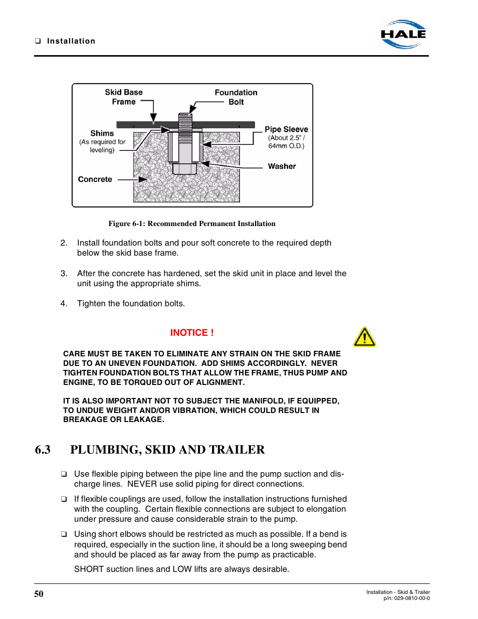 Figure 6-1: recommended permanent installation, 3 plumbing, skid and trailer | Hale Trailer User Manual | Page 50 / 74