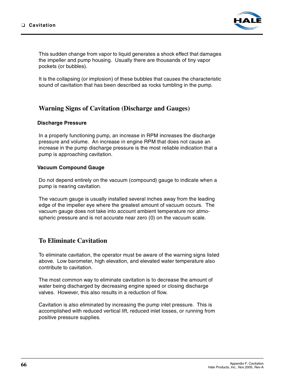 Warning signs of cavitation (discharge and gauges), Discharge pressure, Vacuum compound gauge | To eliminate cavitation | Hale Trailer User Manual | Page 66 / 74