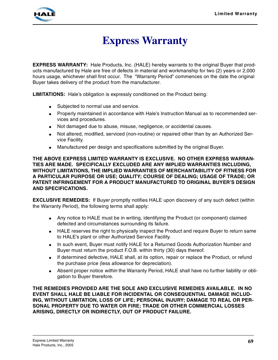 Express warranty | Hale Trailer User Manual | Page 69 / 74