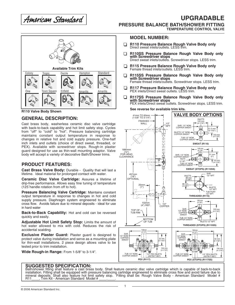 American Standard Pressure Balance Bath/Shower Temperature Control Valve R115SS User Manual | 5 pages