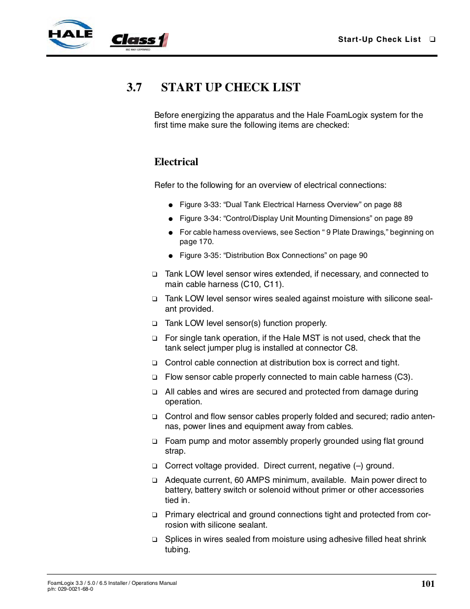 7 start up check list, Electrical | Hale FoamLogix 6.5 User Manual | Page 101 / 194