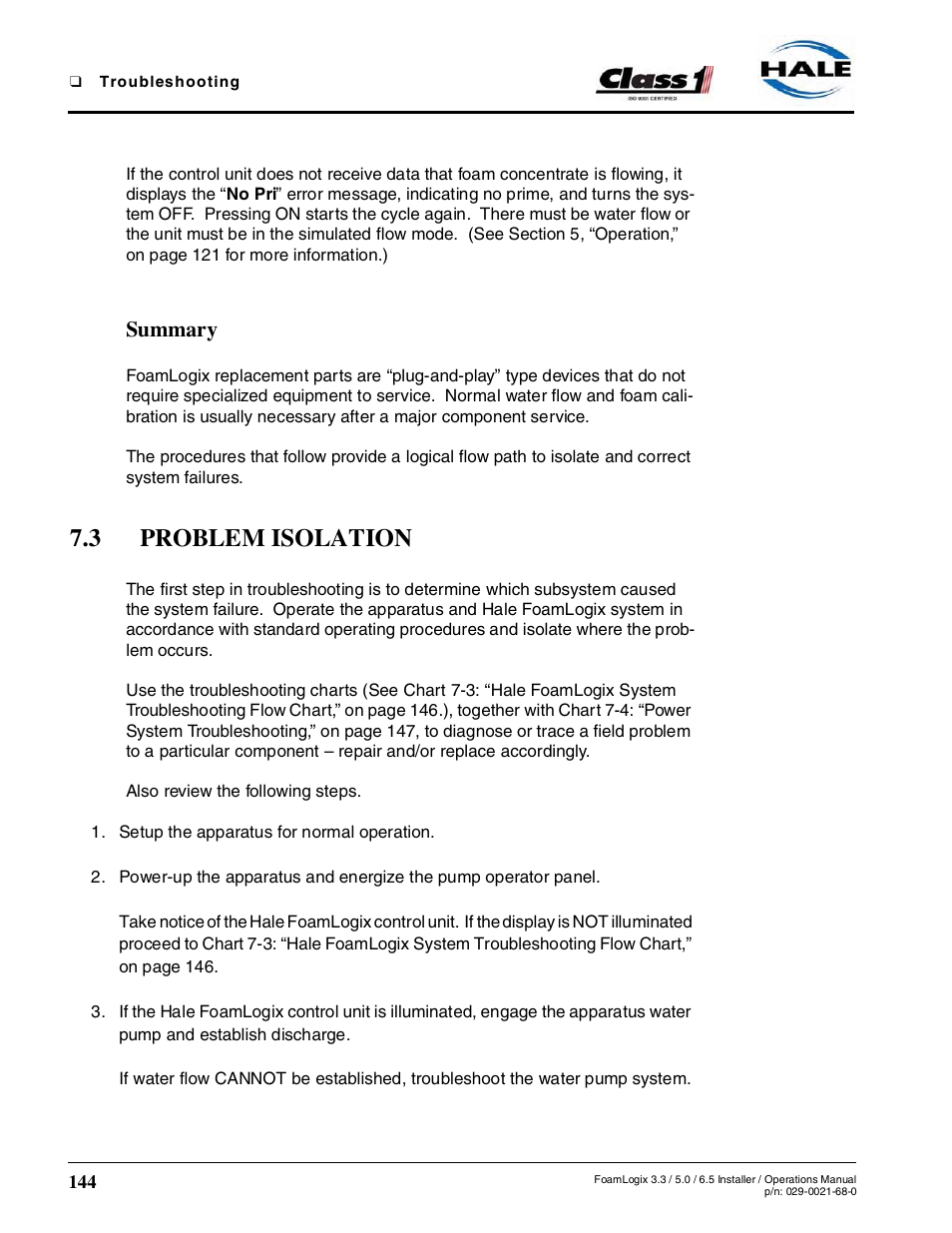 Summary, 3 problem isolation | Hale FoamLogix 6.5 User Manual | Page 144 / 194