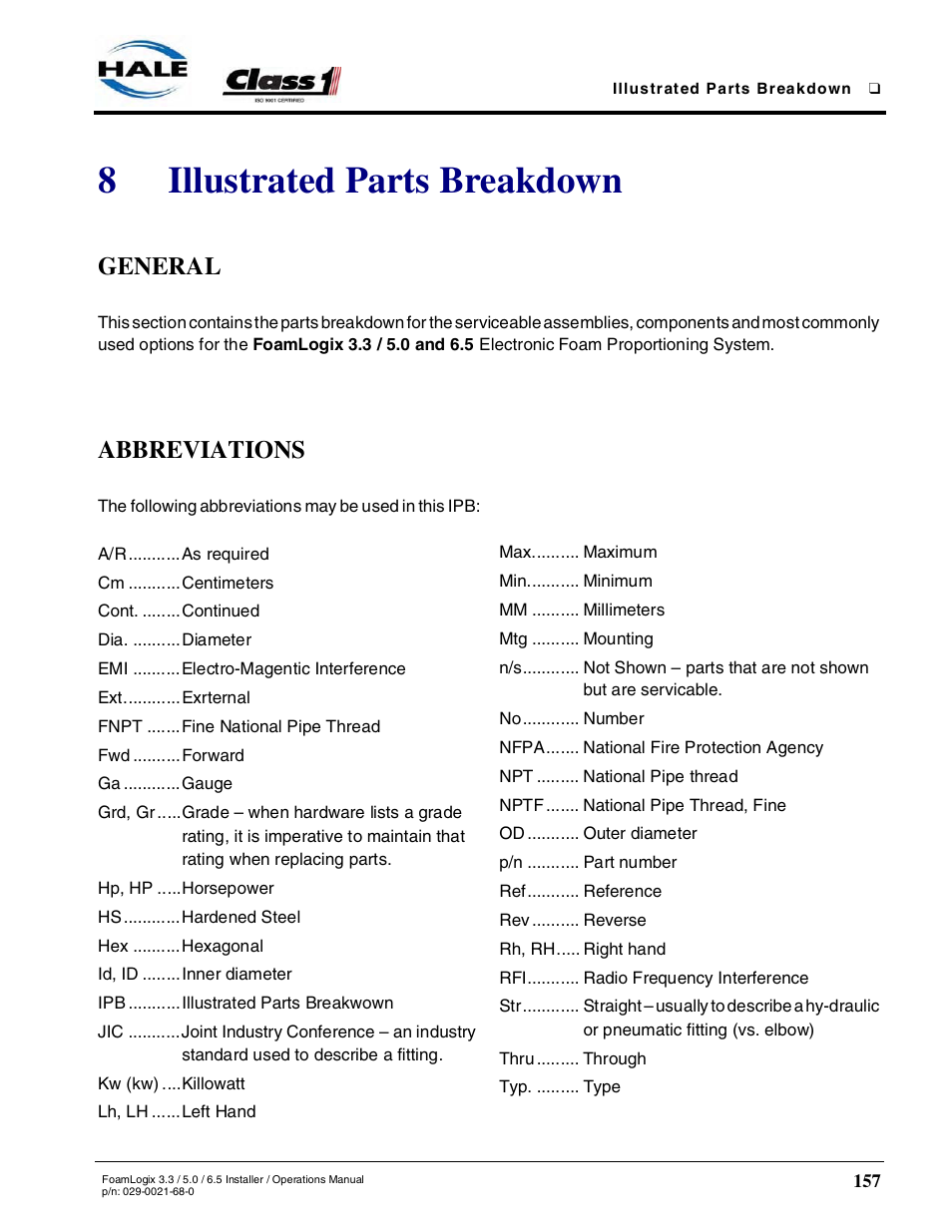 8 illustrated parts breakdown, General, Abbreviations | Illustrated parts breakdown, 8illustrated parts breakdown | Hale FoamLogix 6.5 User Manual | Page 157 / 194