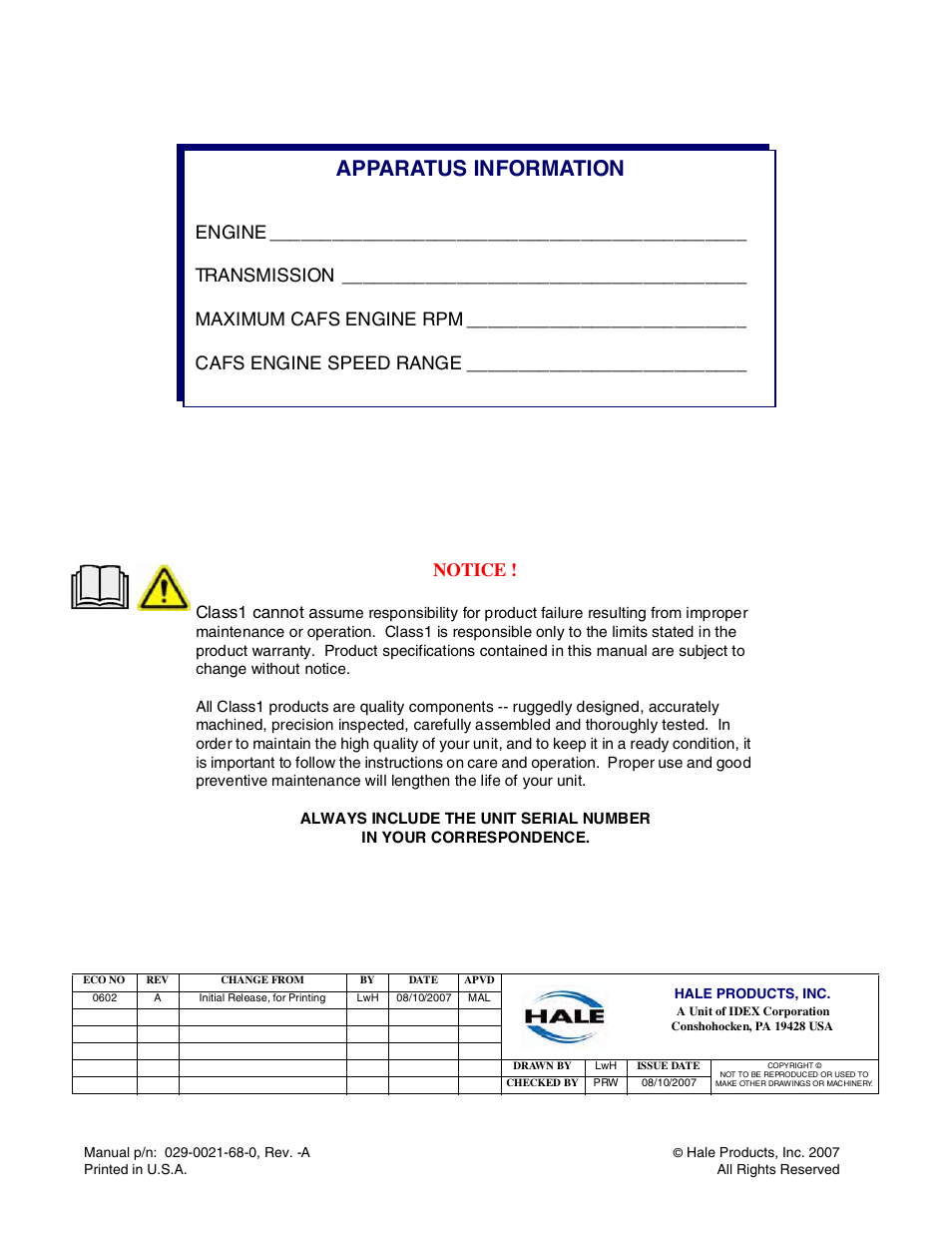 Notice, Apparatus information, Class1 cannot a | Hale FoamLogix 6.5 User Manual | Page 2 / 194