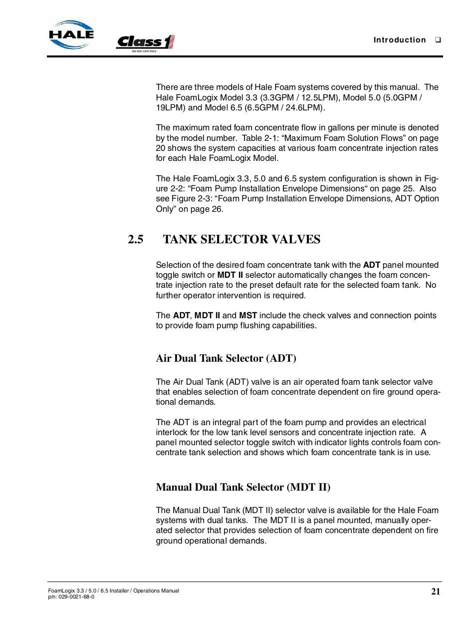 5 tank selector valves, Air dual tank selector (adt), Manual dual tank selector (mdt ii) | Hale FoamLogix 6.5 User Manual | Page 21 / 194