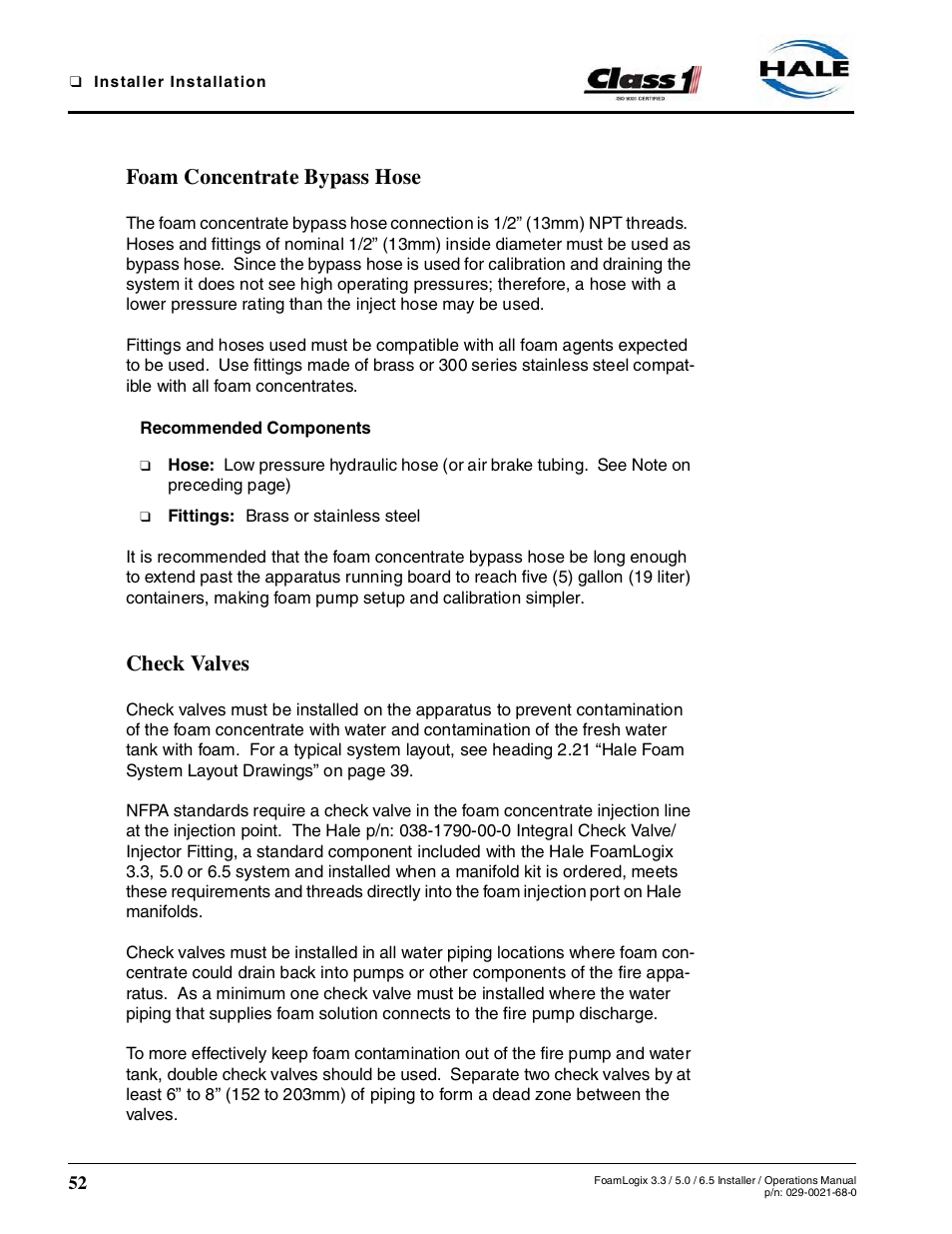 Foam concentrate bypass hose, Recommended components, Check valves | Hale FoamLogix 6.5 User Manual | Page 52 / 194