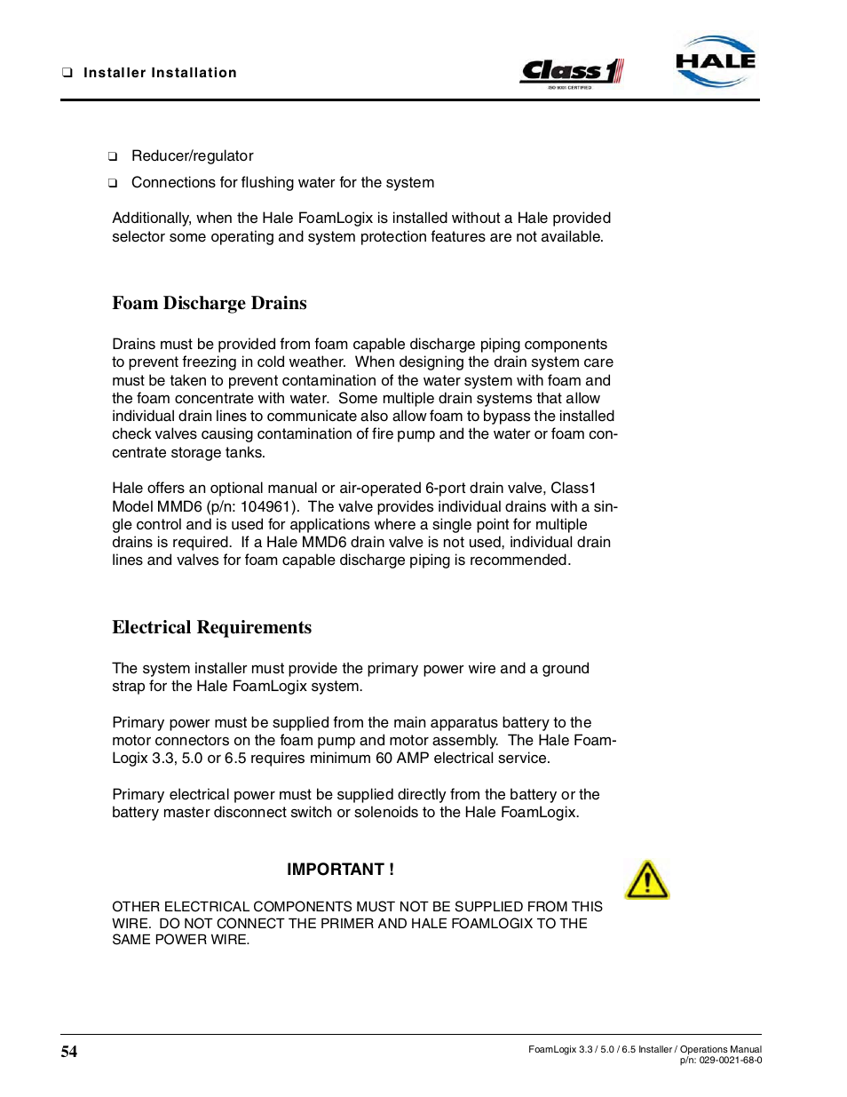 Foam discharge drains, Electrical requirements | Hale FoamLogix 6.5 User Manual | Page 54 / 194