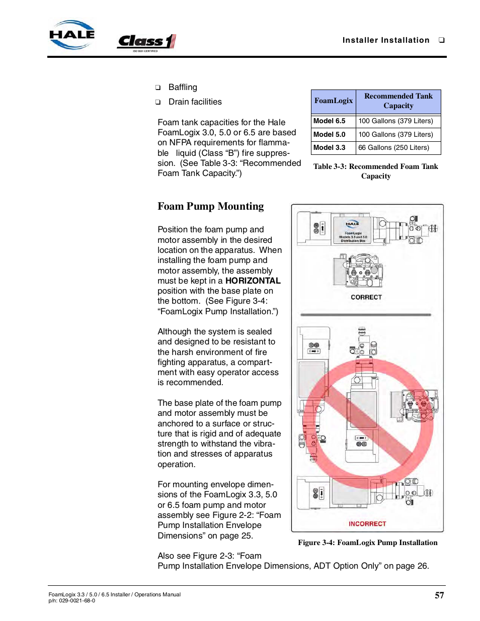 Table 3-3: recommended foam tank capacity, Foam pump mounting, Figure 3-4: foamlogix pump installation | Hale FoamLogix 6.5 User Manual | Page 57 / 194