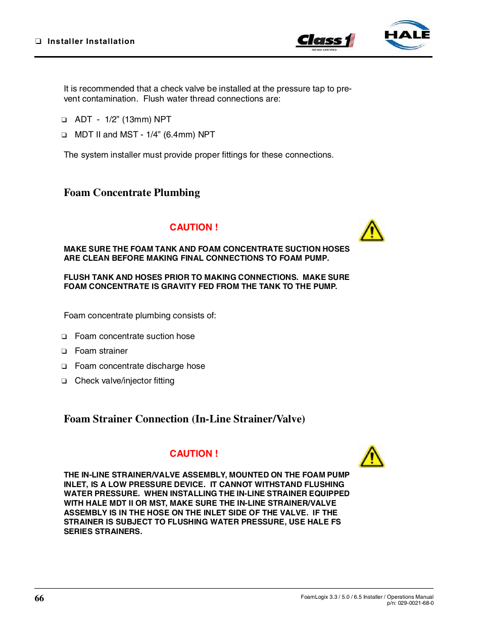 Foam concentrate plumbing, Foam strainer connection (in-line strainer/valve) | Hale FoamLogix 6.5 User Manual | Page 66 / 194