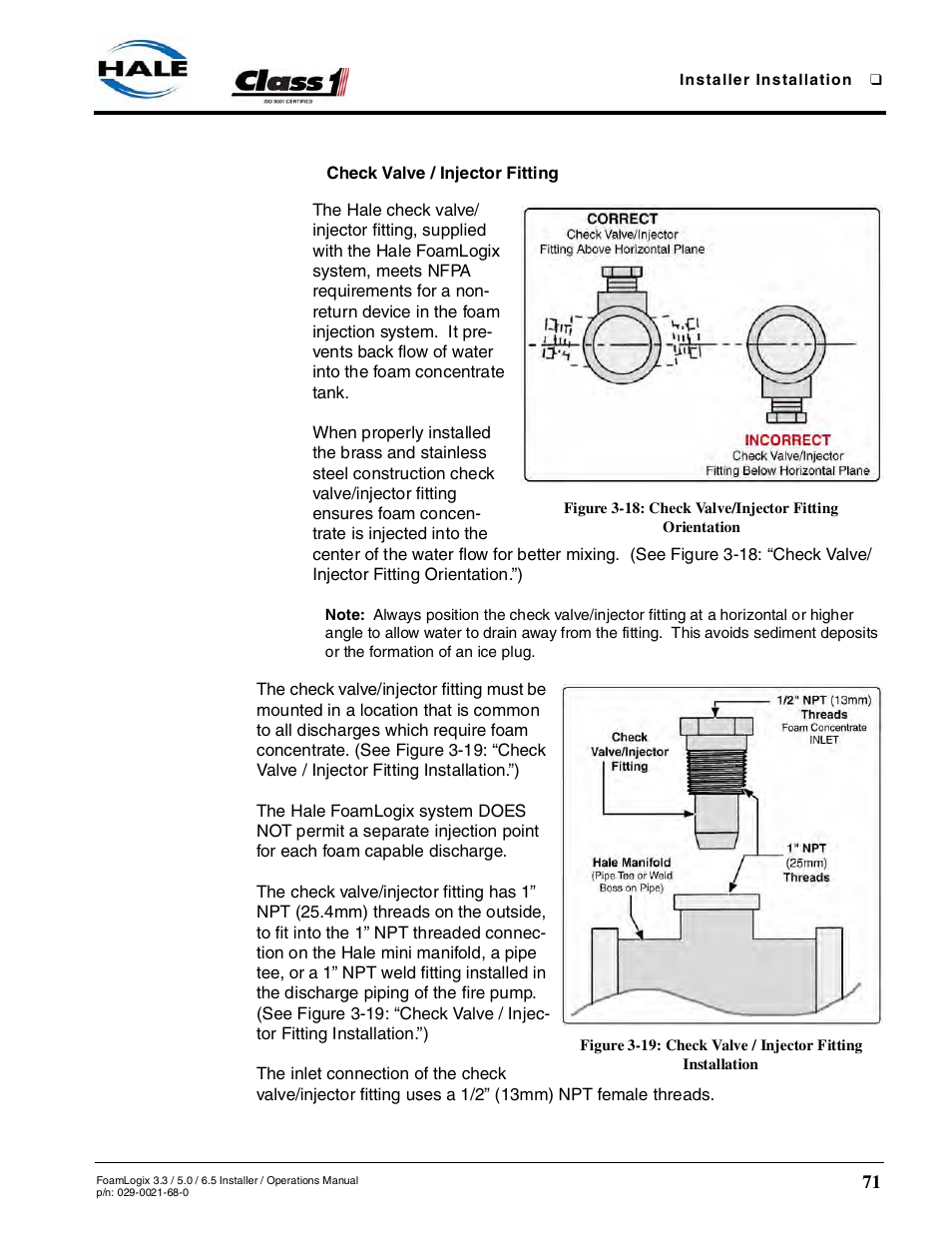 Check valve / injector fitting, 4 installer supplied components - continued | Hale FoamLogix 6.5 User Manual | Page 71 / 194