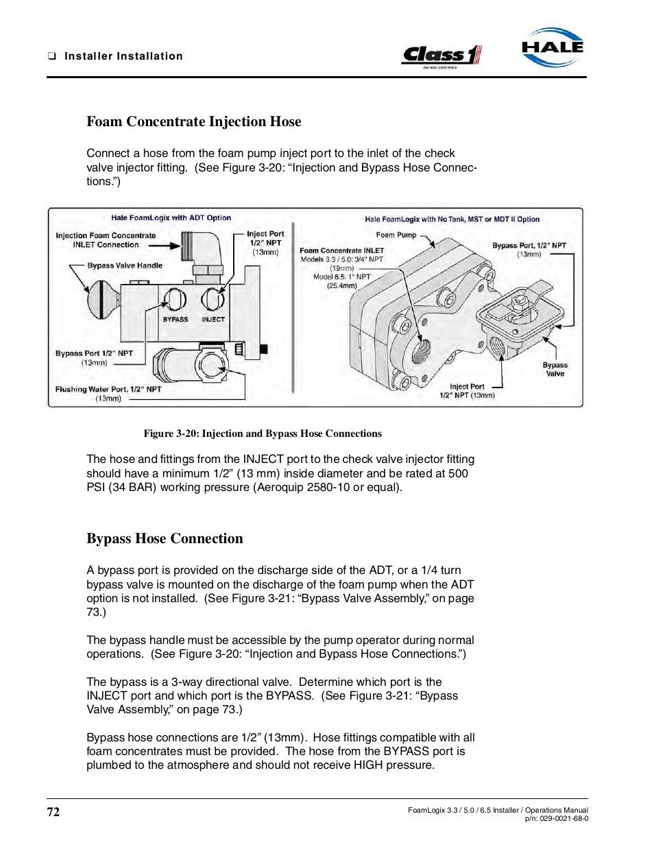 Foam concentrate injection hose, Figure 3-20: injection and bypass hose connections, Bypass hose connection | Hale FoamLogix 6.5 User Manual | Page 72 / 194