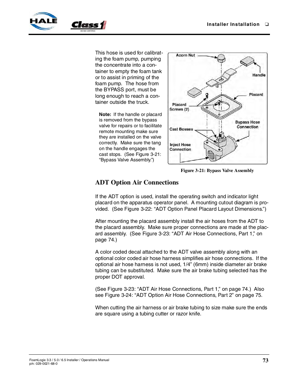 Figure 3-21: bypass valve assembly, Adt option air connections | Hale FoamLogix 6.5 User Manual | Page 73 / 194