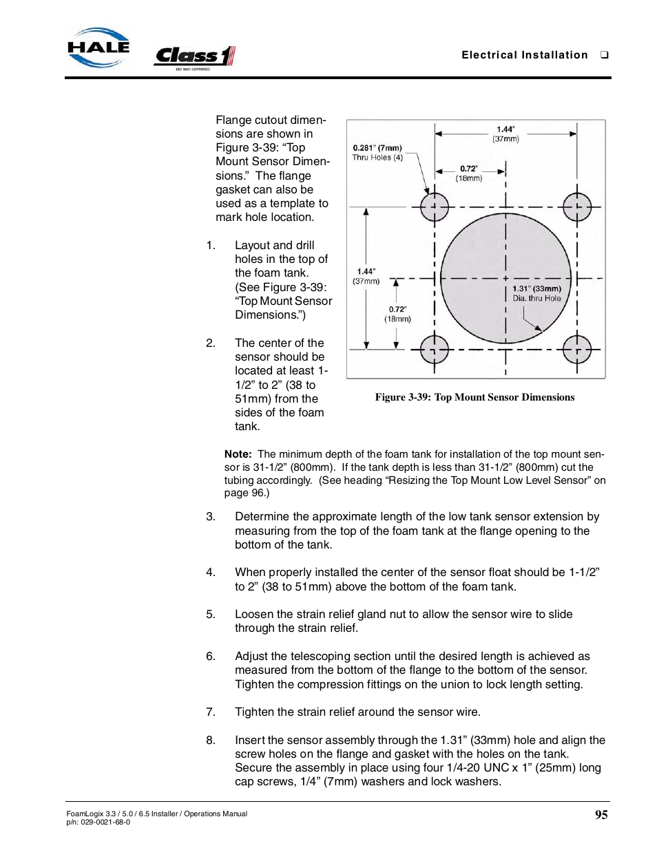 Figure 3-39: top mount sensor dimensions | Hale FoamLogix 6.5 User Manual | Page 95 / 194