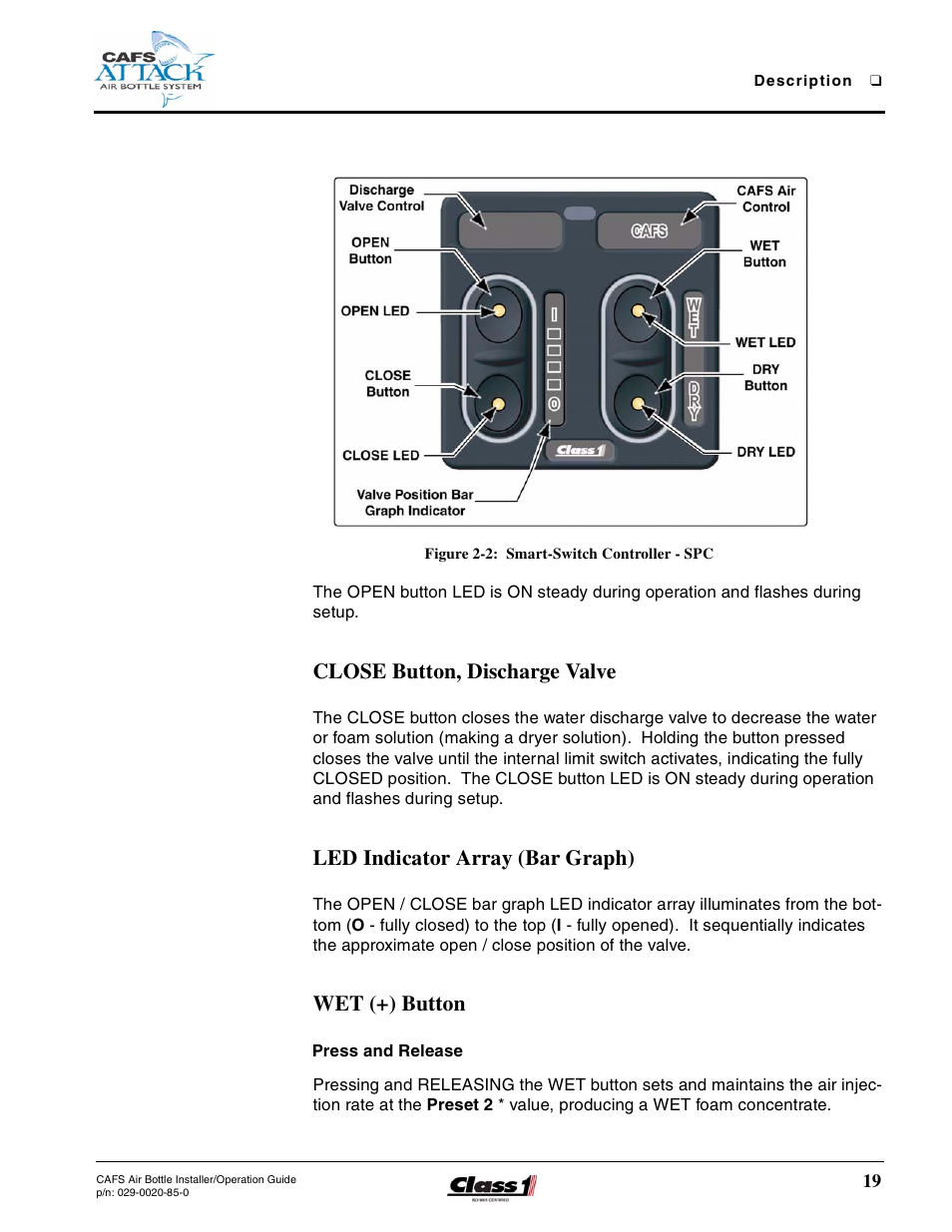 Figure 2-2: smart-switch controller - spc, Close button, discharge valve, Led indicator array (bar graph) | Wet (+) button, Press and release | Hale CAFS Attack User Manual | Page 19 / 100