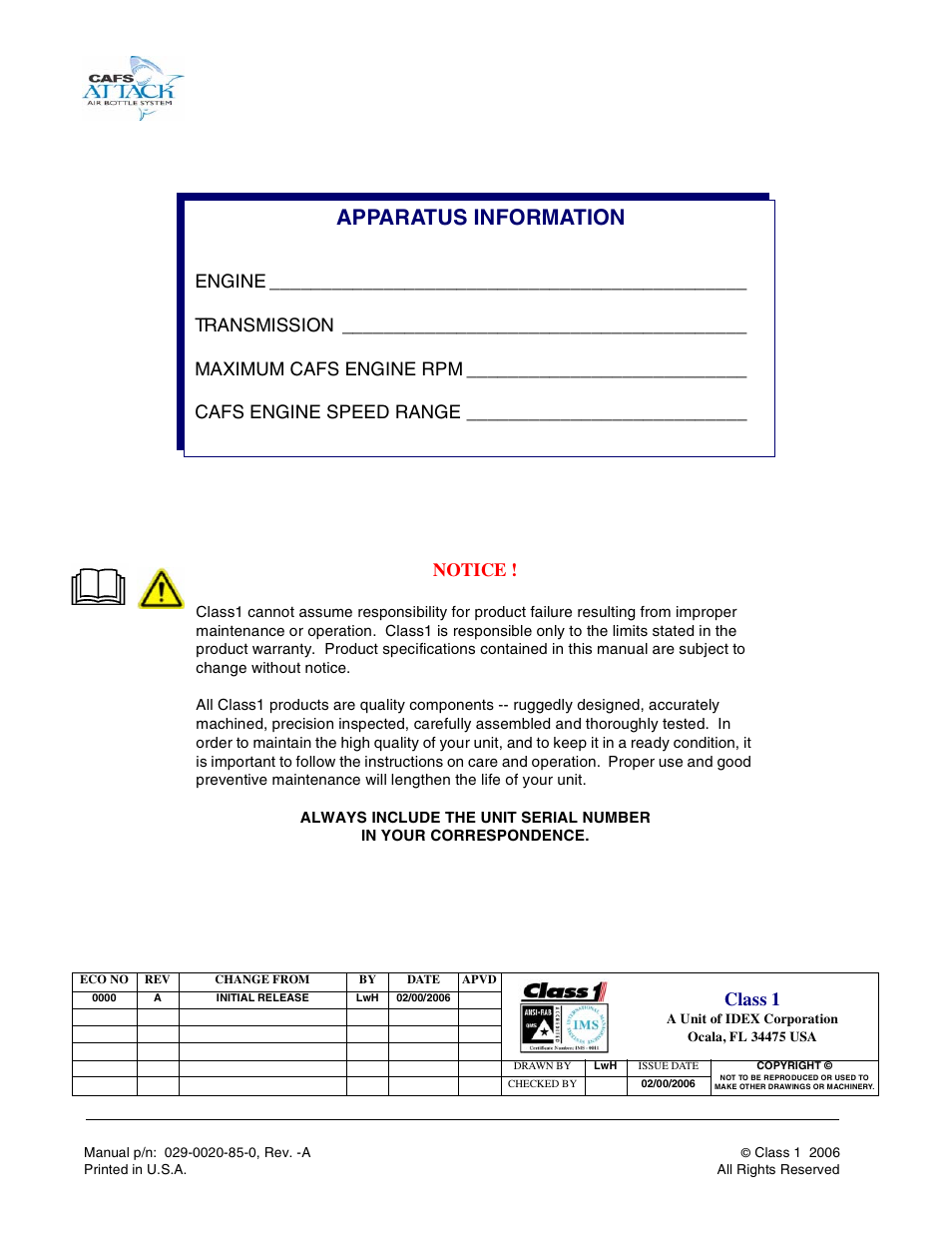 Apparatus information, Notice, Class 1 | Hale CAFS Attack User Manual | Page 2 / 100