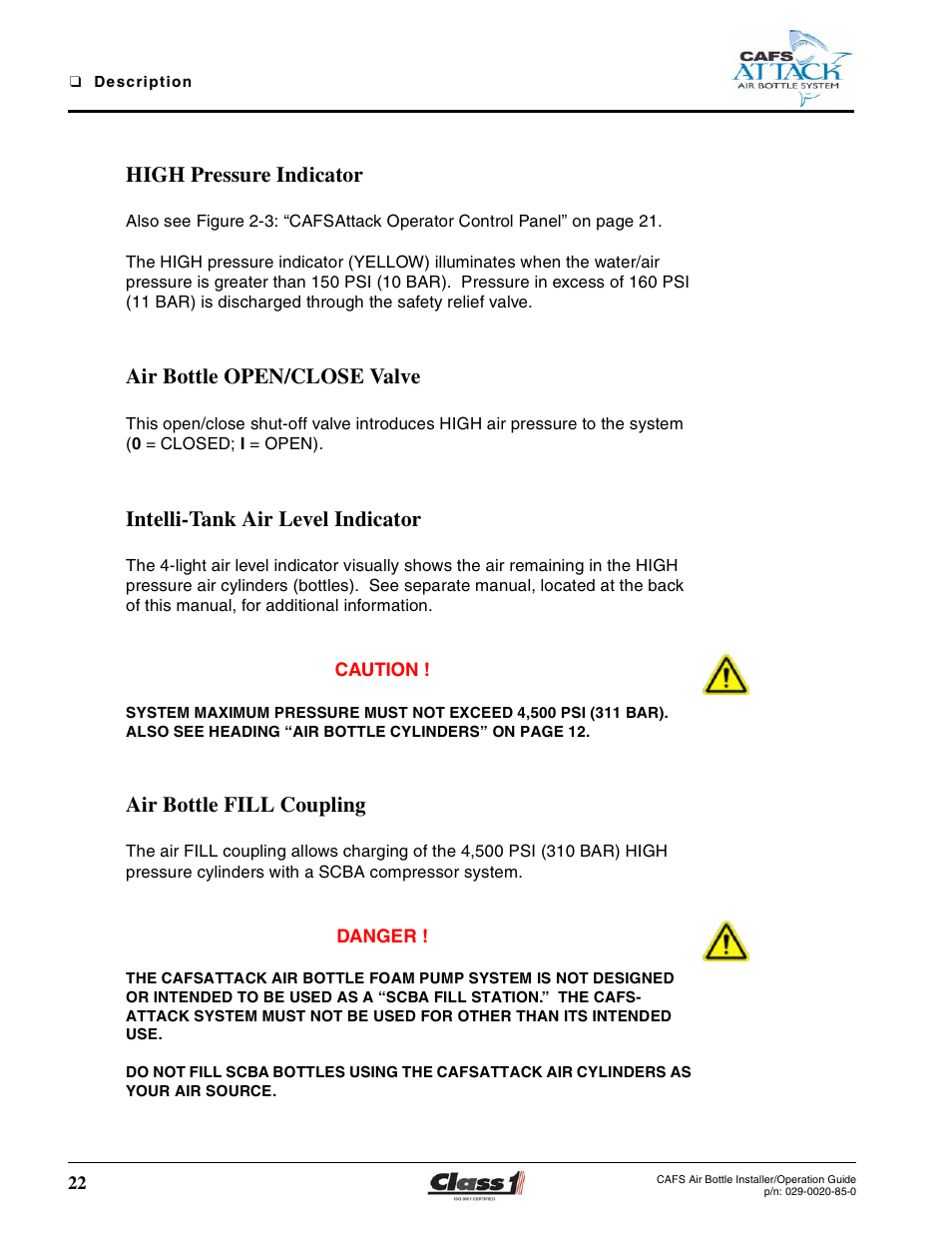 High pressure indicator, Air bottle open/close valve, Intelli-tank air level indicator | Air bottle fill coupling | Hale CAFS Attack User Manual | Page 22 / 100