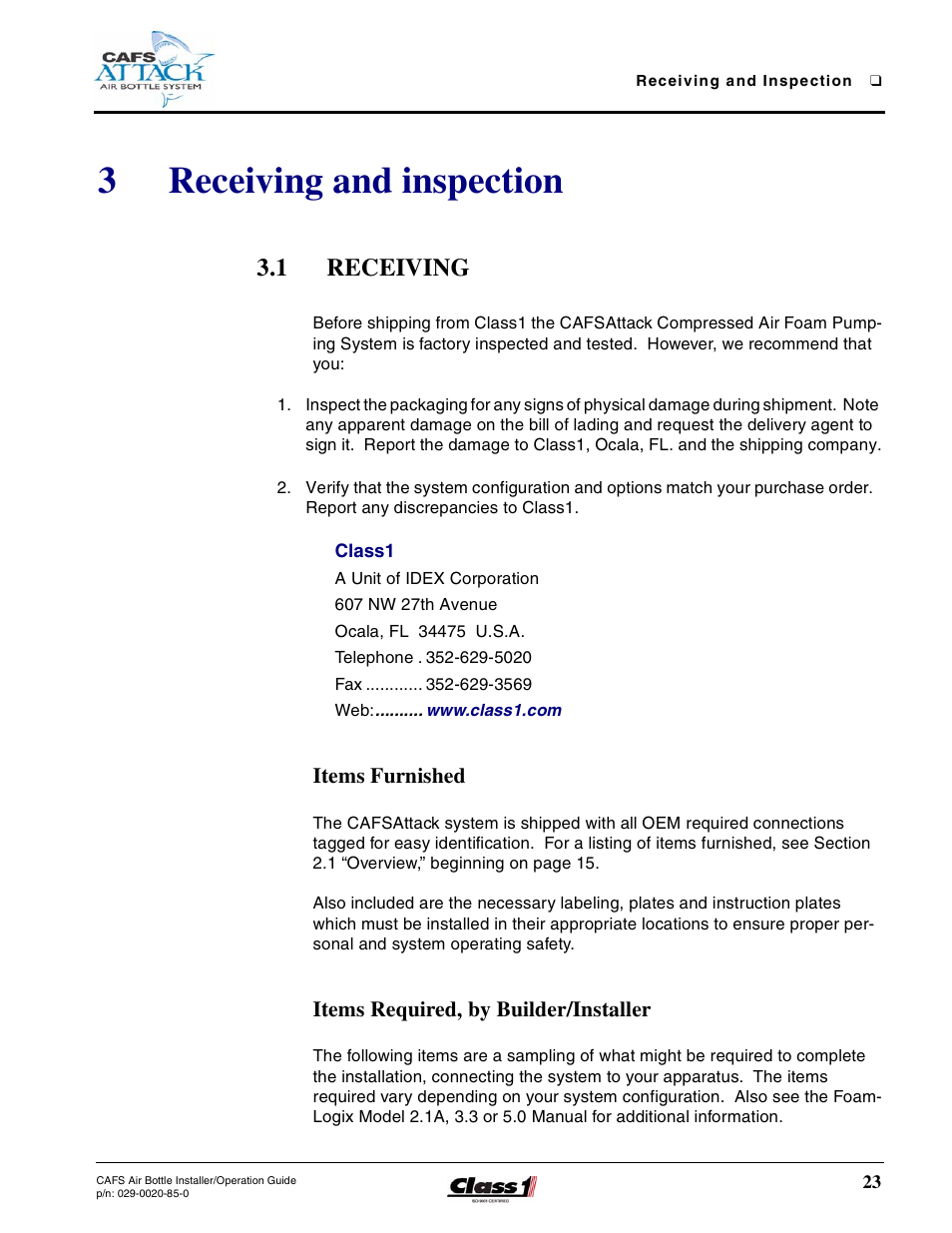 3 receiving and inspection, 1 receiving, Items furnished | Items required, by builder/installer, Receiving and inspection, Receiving, 3receiving and inspection | Hale CAFS Attack User Manual | Page 23 / 100