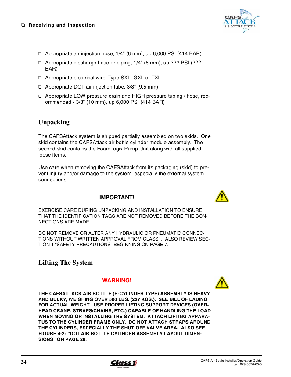 Unpacking, Lifting the system, Receiving - continued | Hale CAFS Attack User Manual | Page 24 / 100