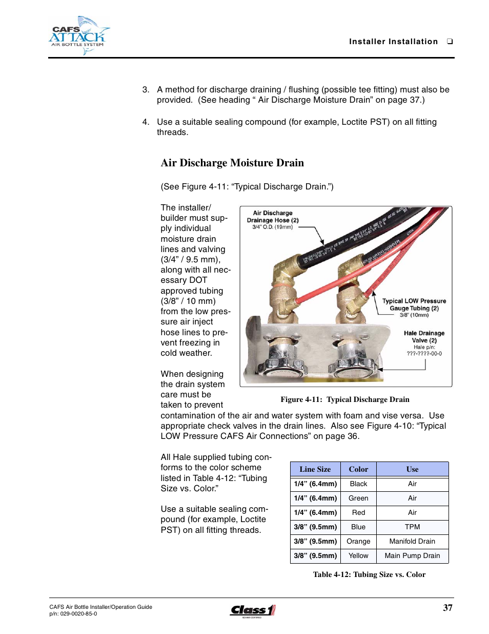 Air discharge moisture drain, Figure 4-11: typical discharge drain, Table 4-12: tubing size vs. color | Hale CAFS Attack User Manual | Page 37 / 100