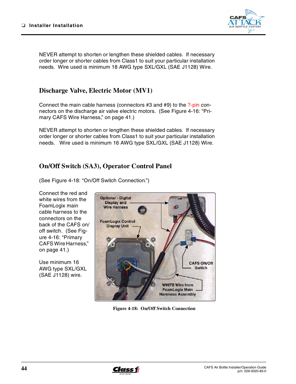 Discharge valve, electric motor (mv1), On/off switch (sa3), operator control panel, Figure 4-18: on/off switch connection | Hale CAFS Attack User Manual | Page 44 / 100