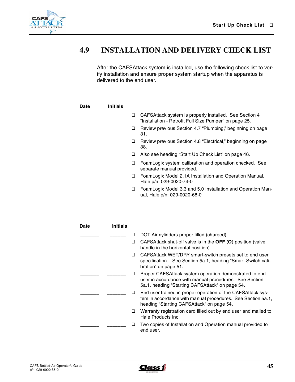 9 installation and delivery check list, Installation and delivery check list | Hale CAFS Attack User Manual | Page 45 / 100