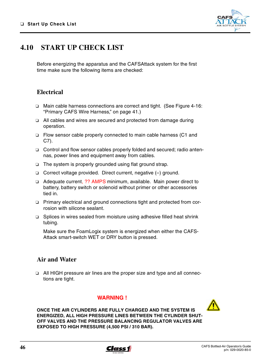 10 start up check list, Electrical, Air and water | Hale CAFS Attack User Manual | Page 46 / 100