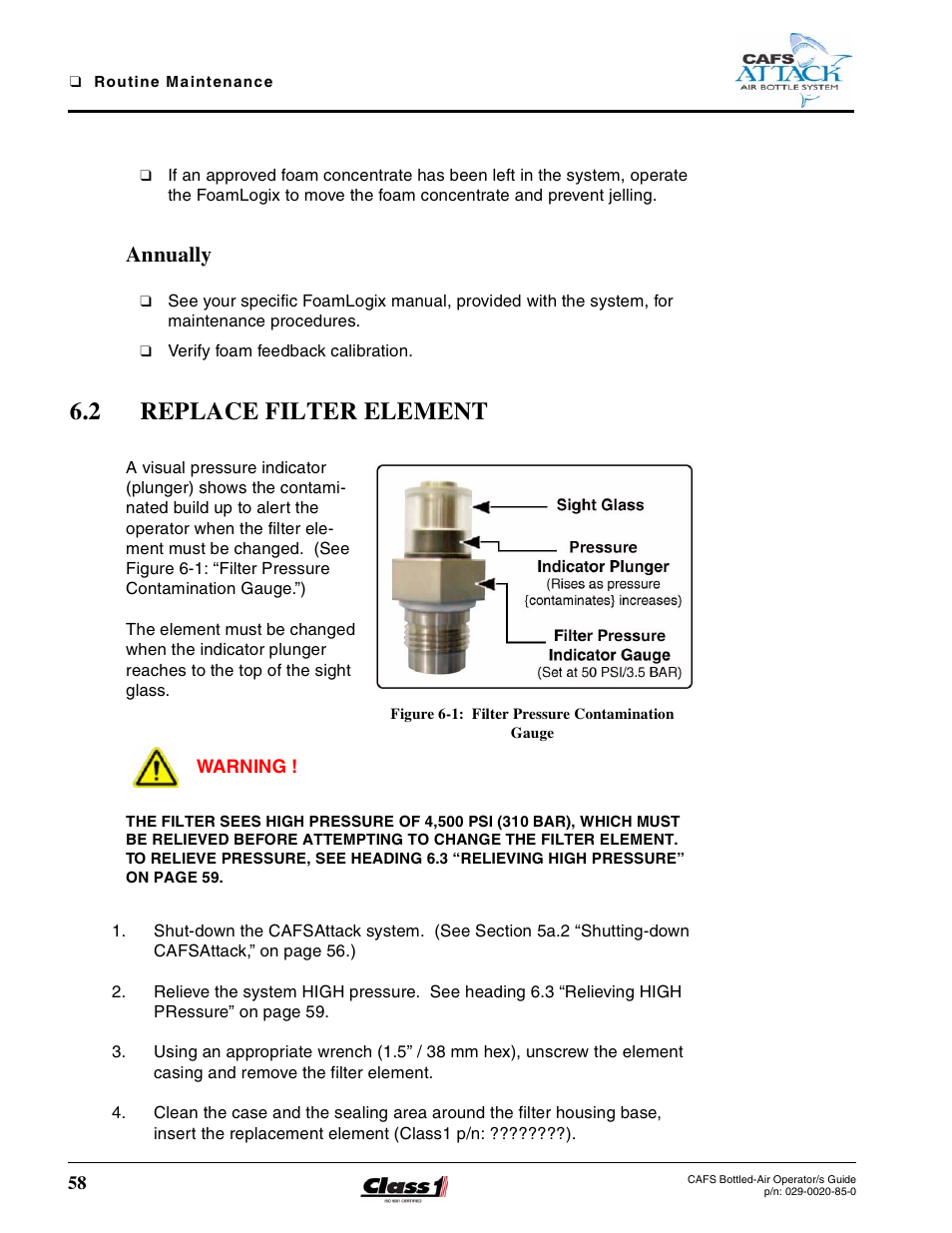 Annually, 2 replace filter element, Figure 6-1: filter pressure contamination gauge | Replace filter element | Hale CAFS Attack User Manual | Page 58 / 100