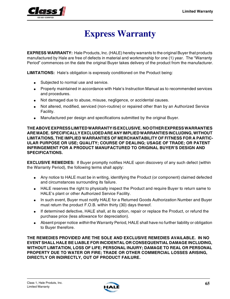 Express warranty | Hale CAFS Attack User Manual | Page 65 / 100