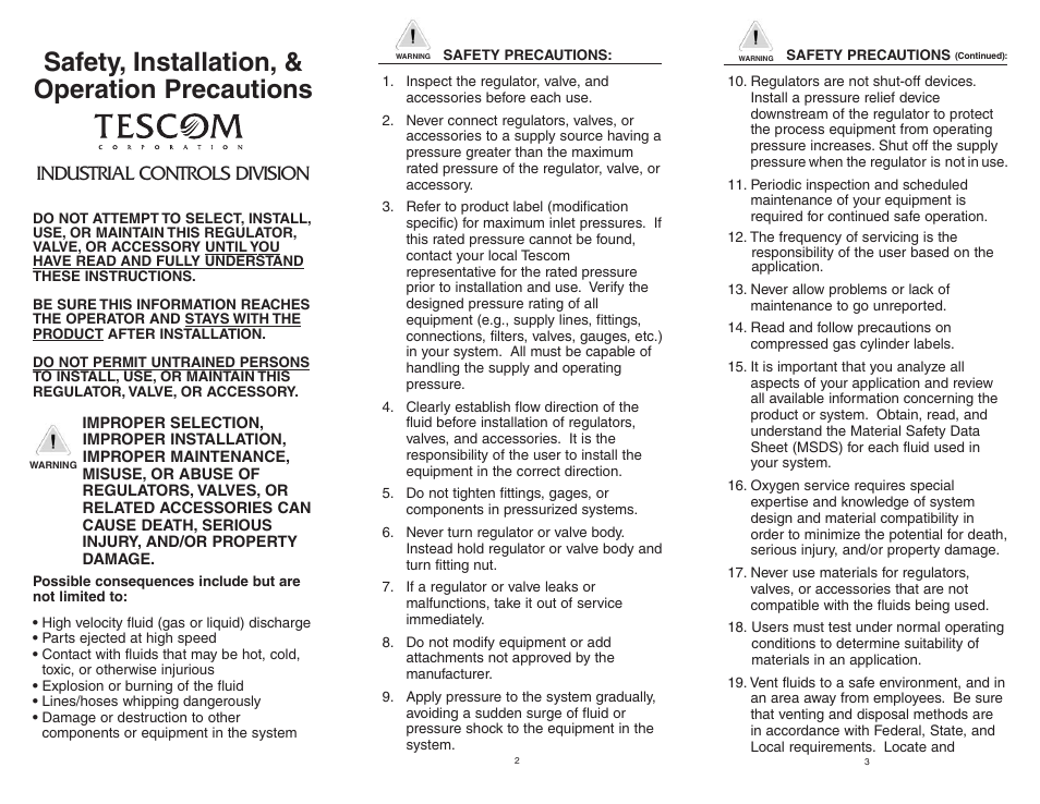 Tescom safety installation & operation, Safety, installation, & operation precautions, Industrial controls division | Hale CAFS Attack User Manual | Page 97 / 100