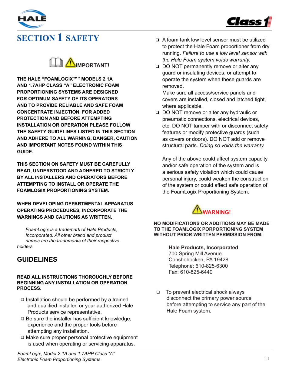 Safety, Guidelines | Class1 FoamLogix 2.1A & 1.7AHP REV D User Manual | Page 11 / 96