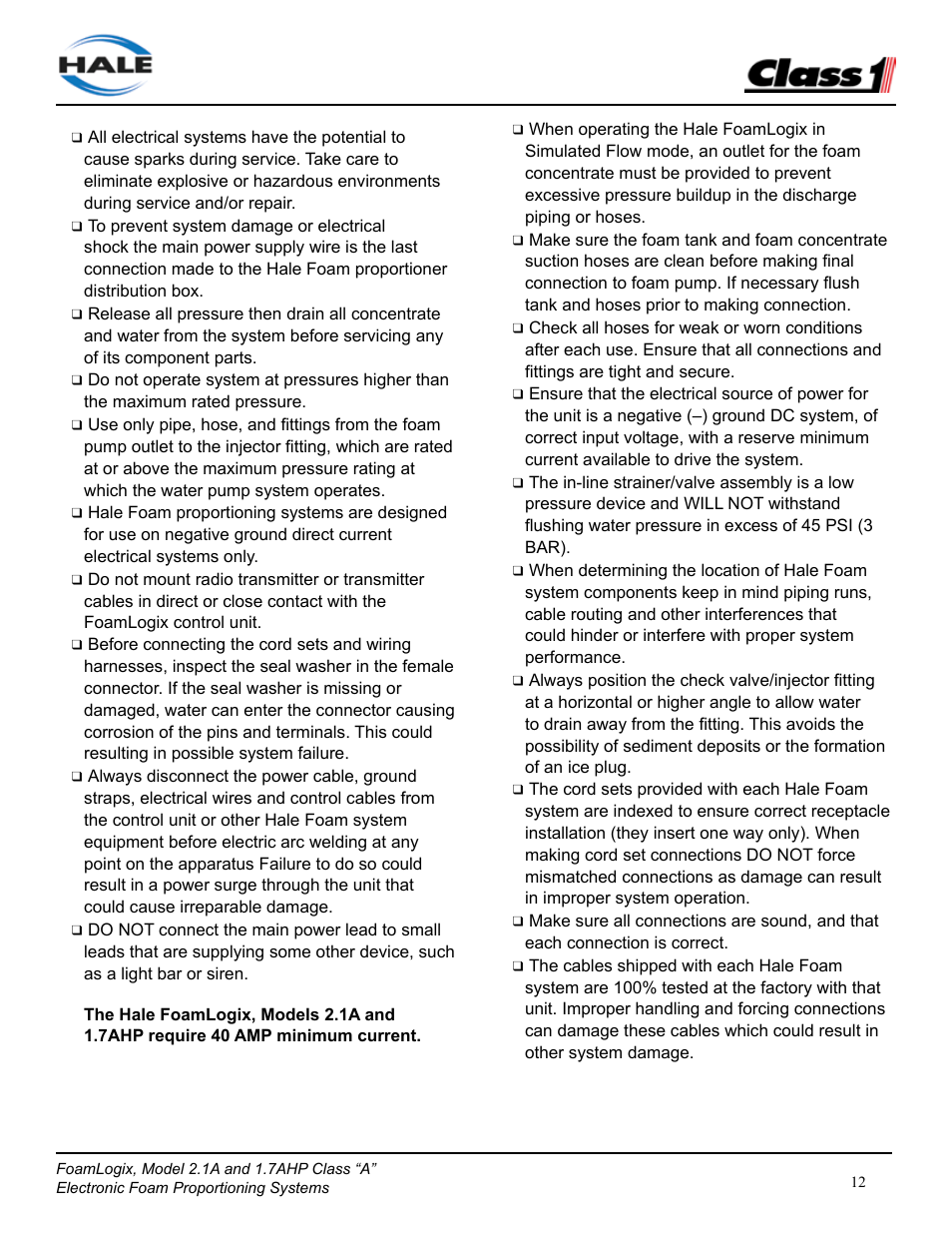 Class1 FoamLogix 2.1A & 1.7AHP REV D User Manual | Page 12 / 96