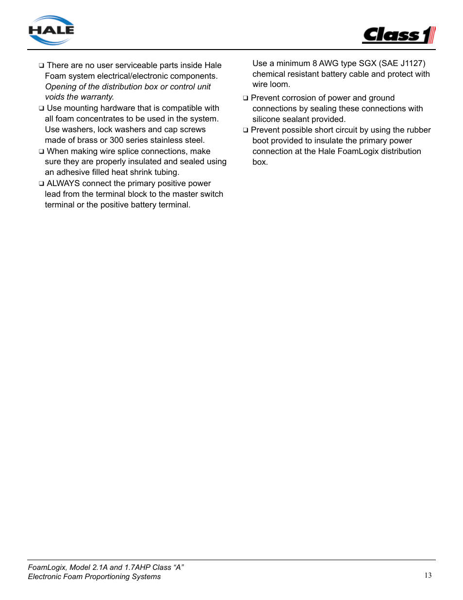 Class1 FoamLogix 2.1A & 1.7AHP REV D User Manual | Page 13 / 96