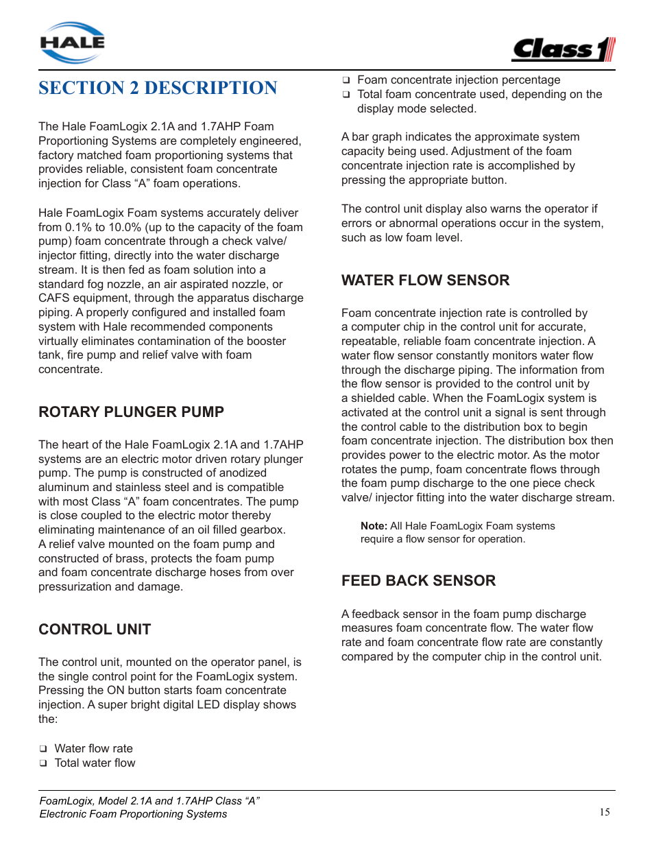 Rotary plunger pump, Control unit, Water flow sensor | Feed back sensor | Class1 FoamLogix 2.1A & 1.7AHP REV D User Manual | Page 15 / 96