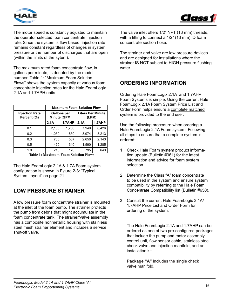 Low pressure strainer, Ordering information | Class1 FoamLogix 2.1A & 1.7AHP REV D User Manual | Page 16 / 96