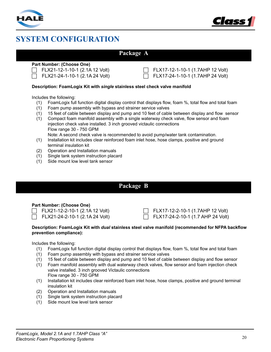 System configuration, Package a, Package b | Class1 FoamLogix 2.1A & 1.7AHP REV D User Manual | Page 20 / 96