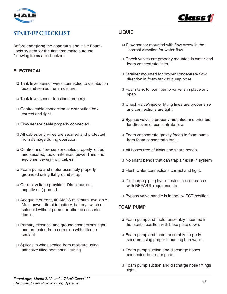 Start-up checklist | Class1 FoamLogix 2.1A & 1.7AHP REV D User Manual | Page 48 / 96