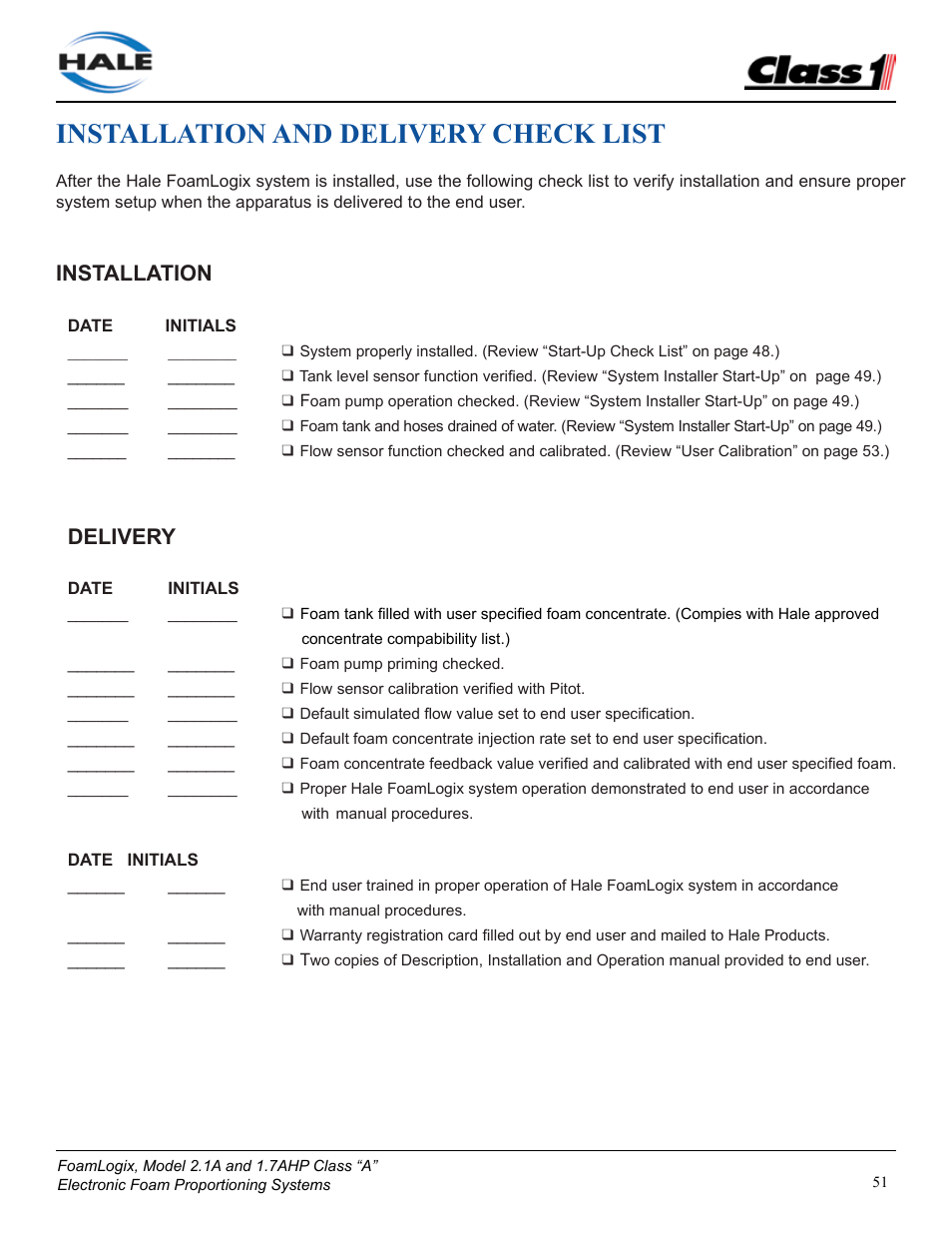 Installation and delivery check list, Installation, Delivery | Class1 FoamLogix 2.1A & 1.7AHP REV D User Manual | Page 51 / 96