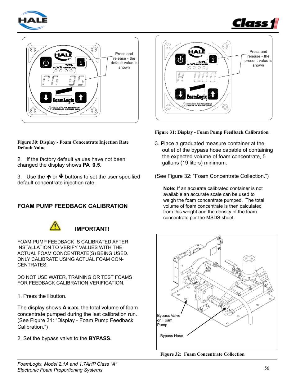 Foam pump feedback calibration | Class1 FoamLogix 2.1A & 1.7AHP REV D User Manual | Page 56 / 96