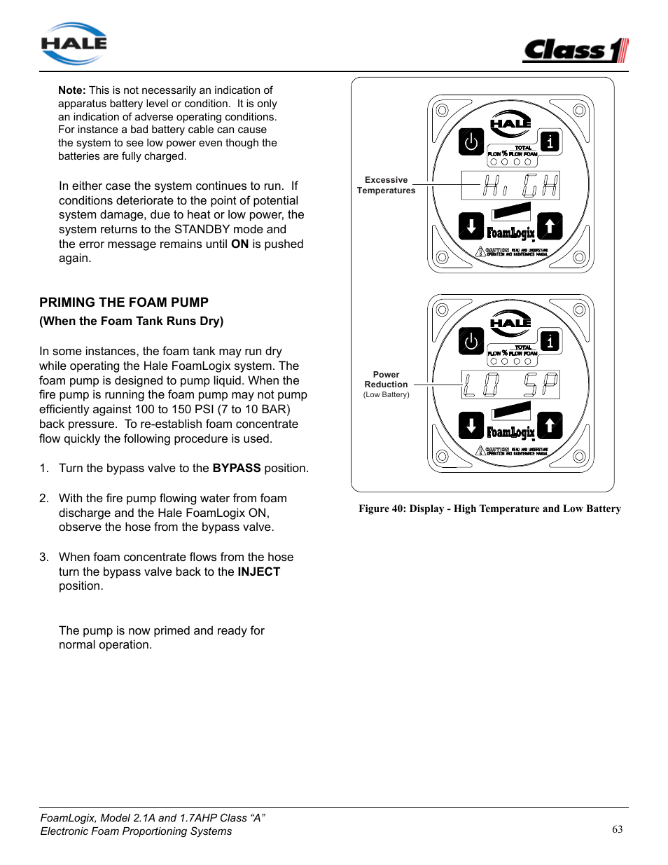 Priming the foam pump | Class1 FoamLogix 2.1A & 1.7AHP REV D User Manual | Page 63 / 96