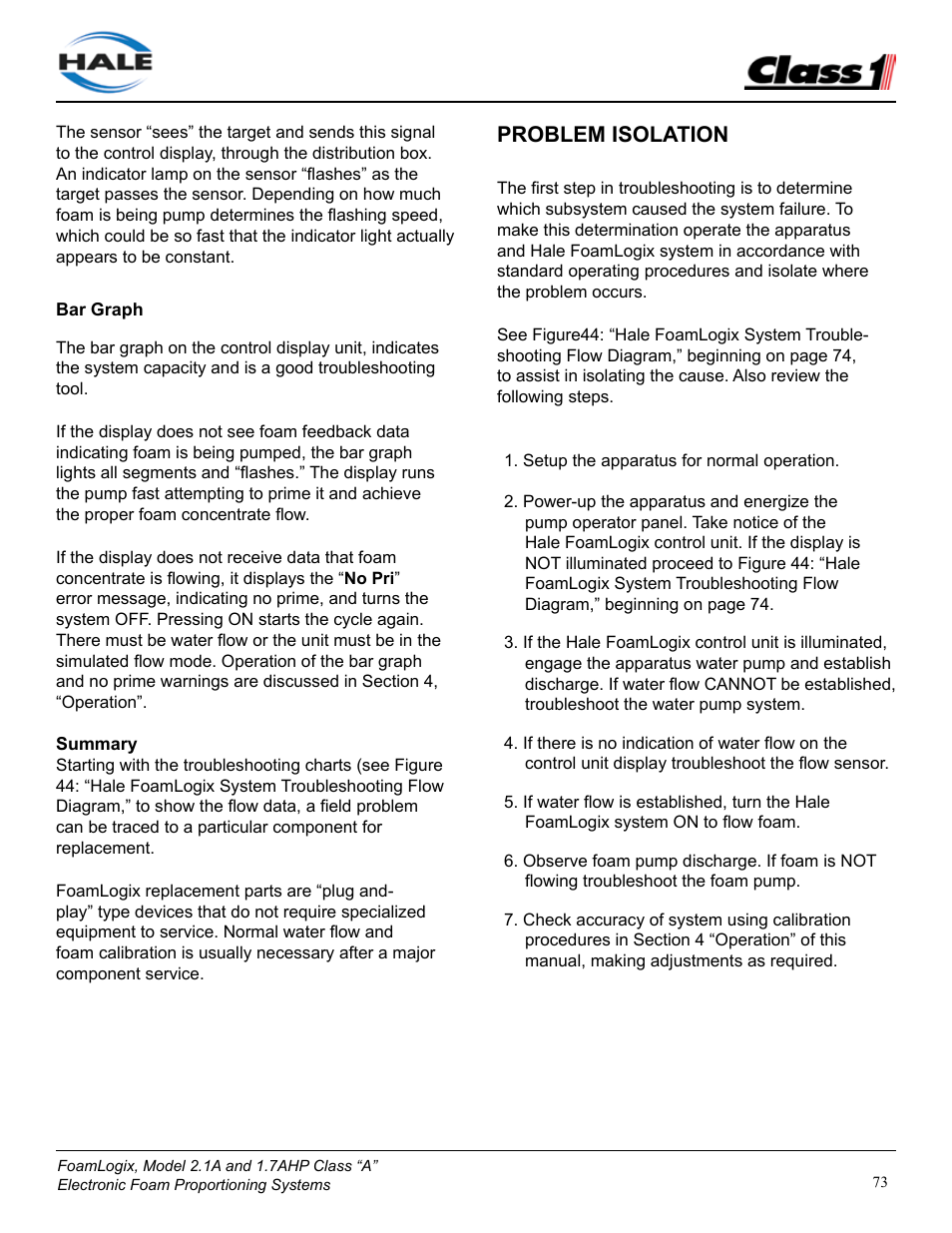 Problem isolation | Class1 FoamLogix 2.1A & 1.7AHP REV D User Manual | Page 73 / 96