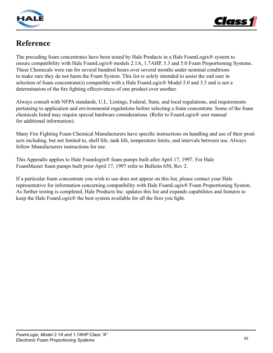 Reference | Class1 FoamLogix 2.1A & 1.7AHP REV D User Manual | Page 88 / 96