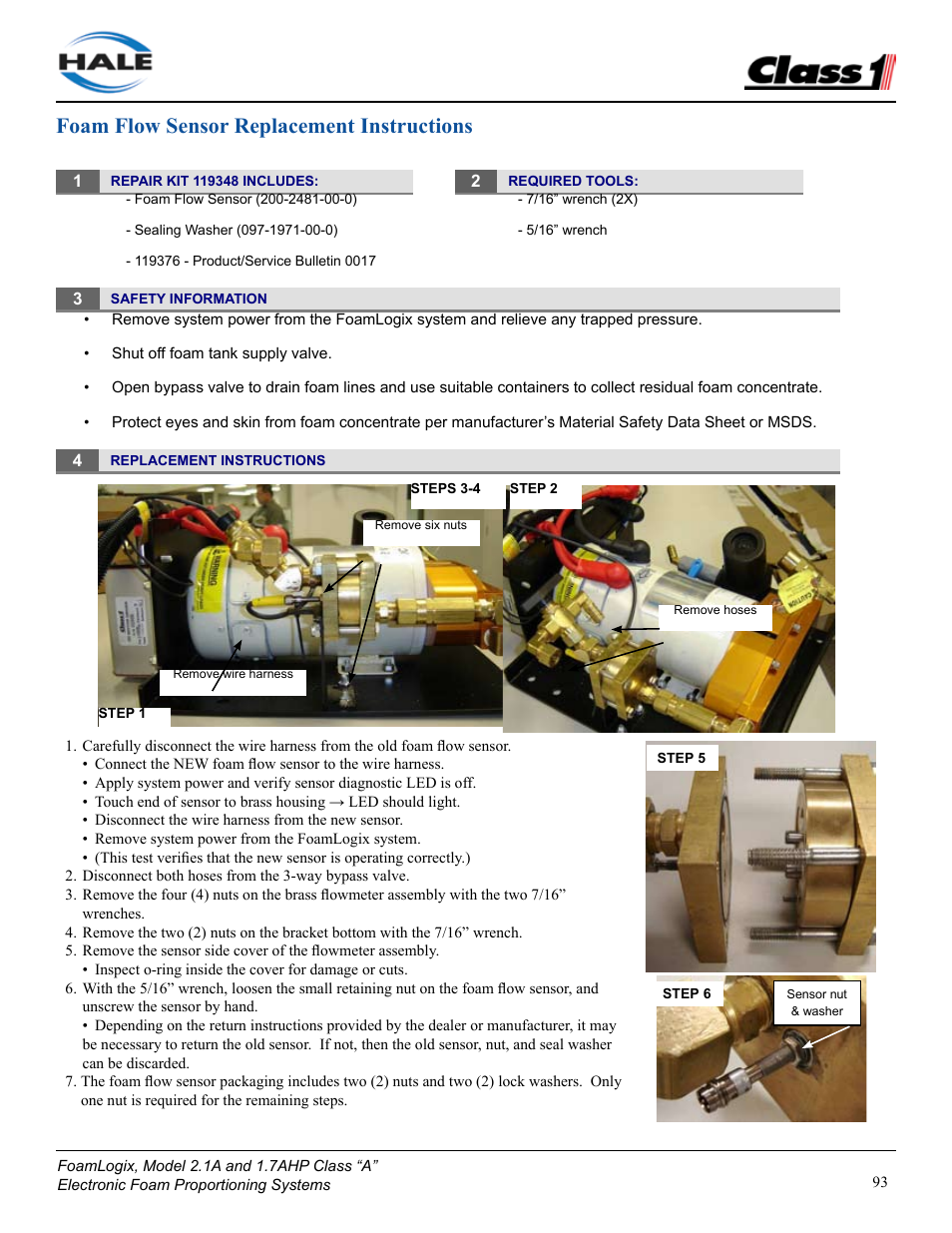 Foam flow sensor replacement instructions | Class1 FoamLogix 2.1A & 1.7AHP REV D User Manual | Page 93 / 96